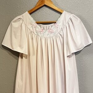 VTG Shadowline Nylon Nightgown SM Pink Flutter Sleeves Embroidered Roses Girly‎